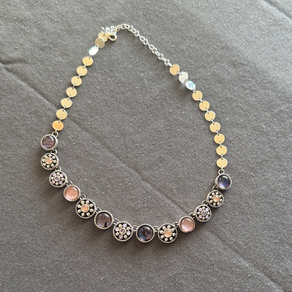 Elegant Silver and Gold Necklace with Purple Accents